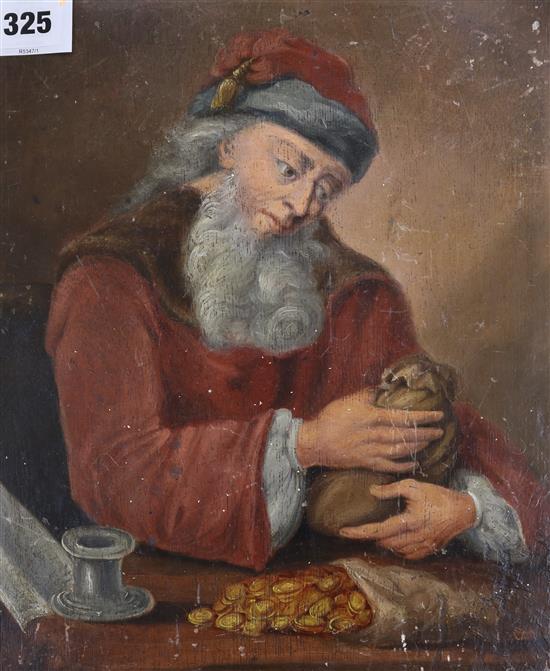 A 19th century English School, oil on board, Miser counting his gold 32 x 36cm unframed